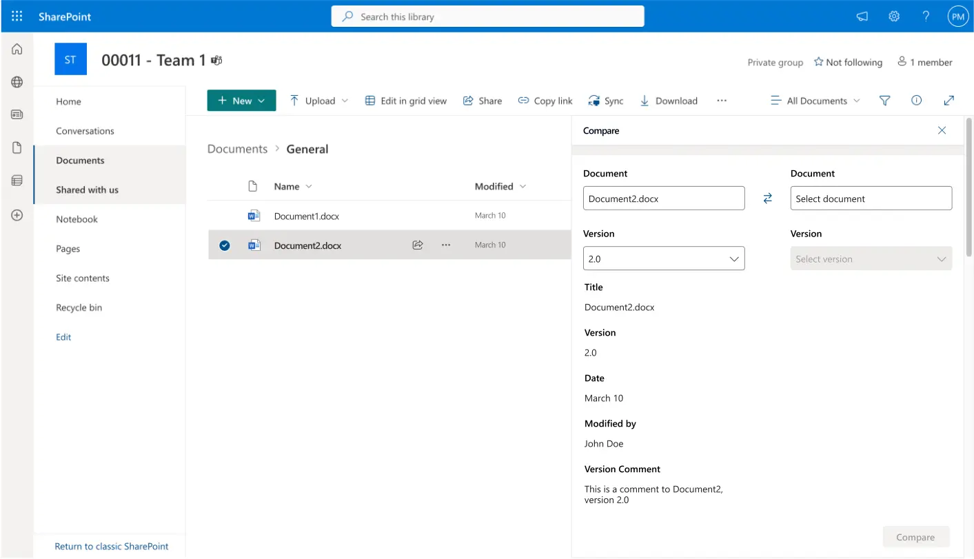 First iteration: task pane with compare panel
