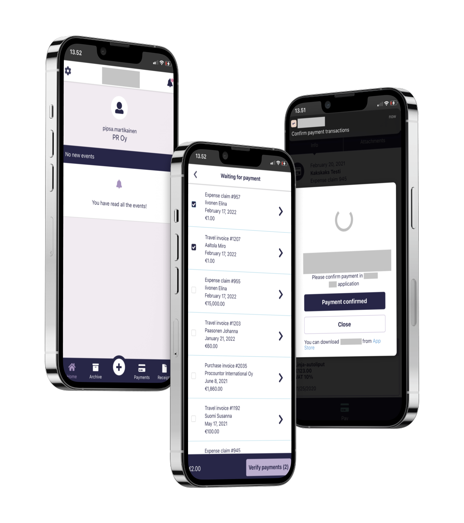 Final UI: payment list and confirmation screen