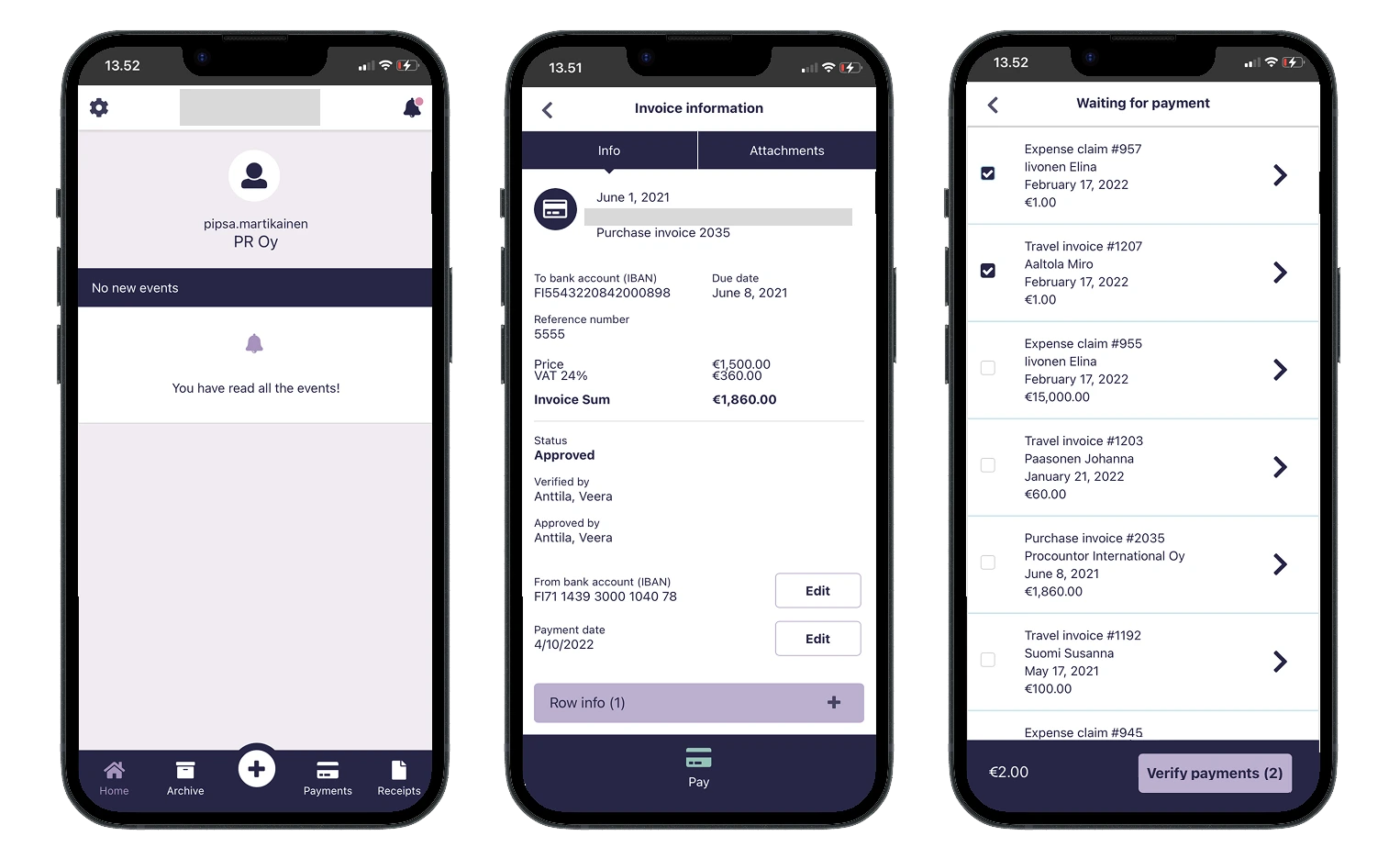 Mobile invoice payment — final UI showing the payment list and confirmation flow