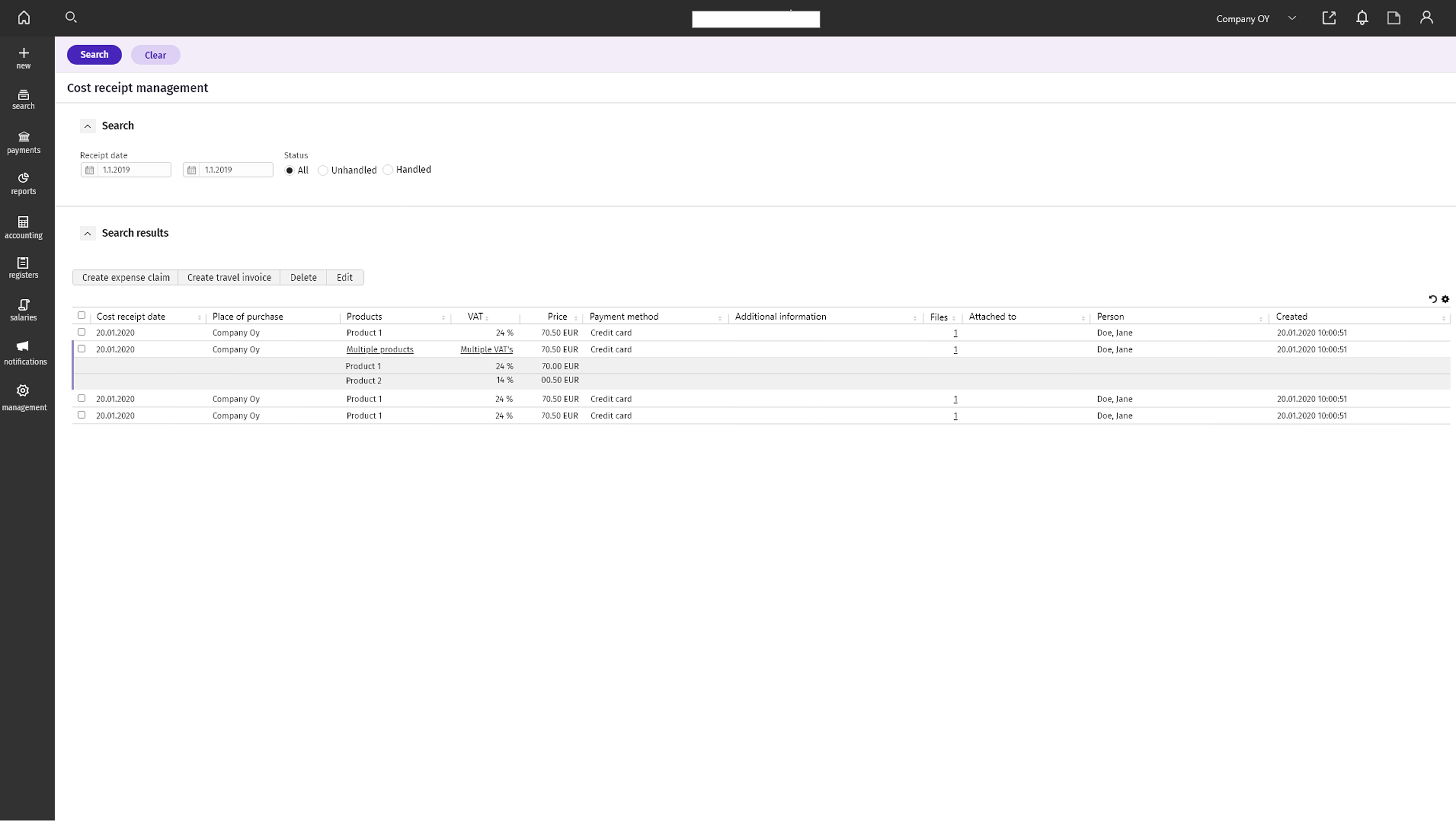 Final UI: receipt management in the accounting software