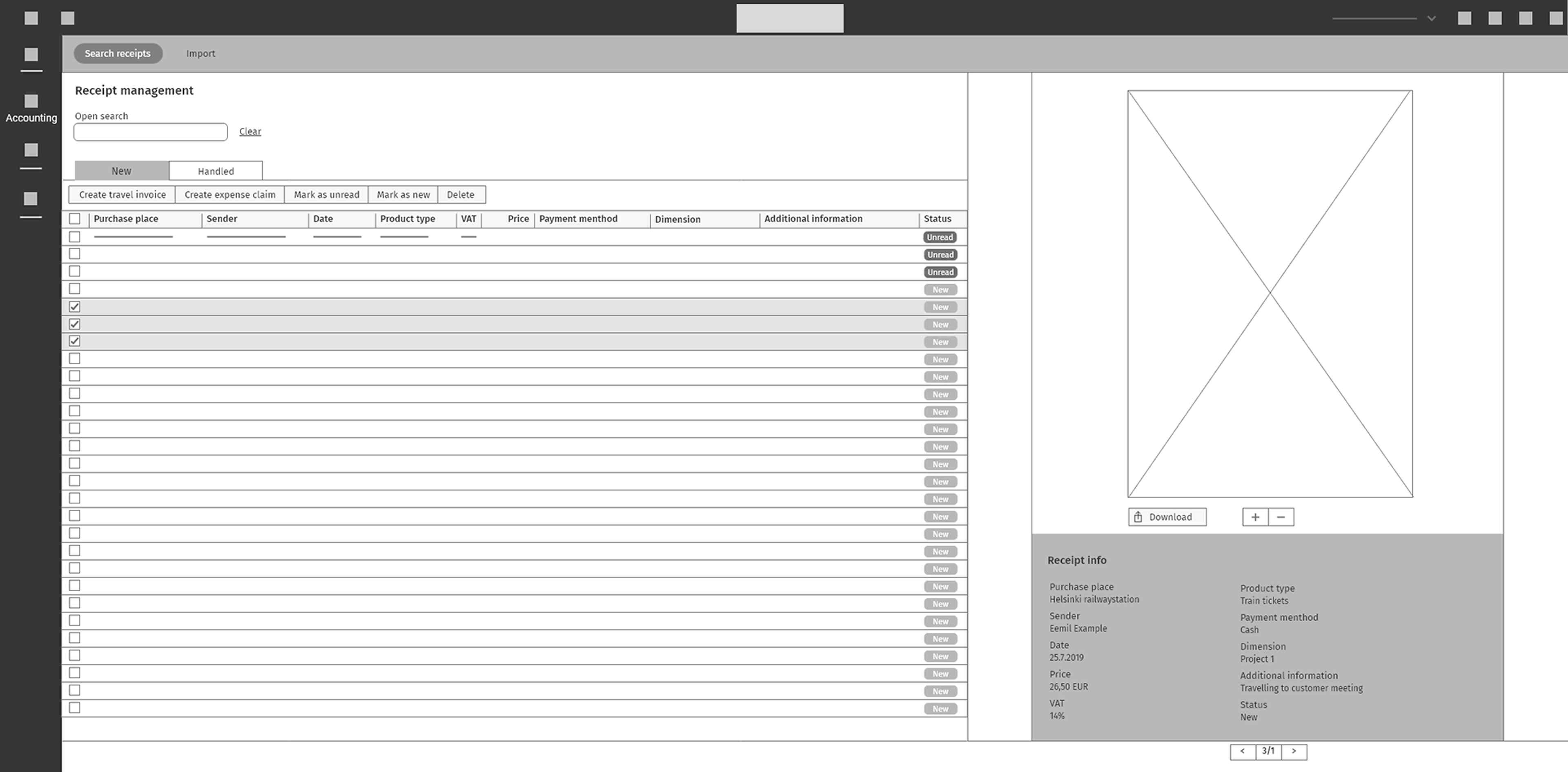 First version: accounting software receipt management