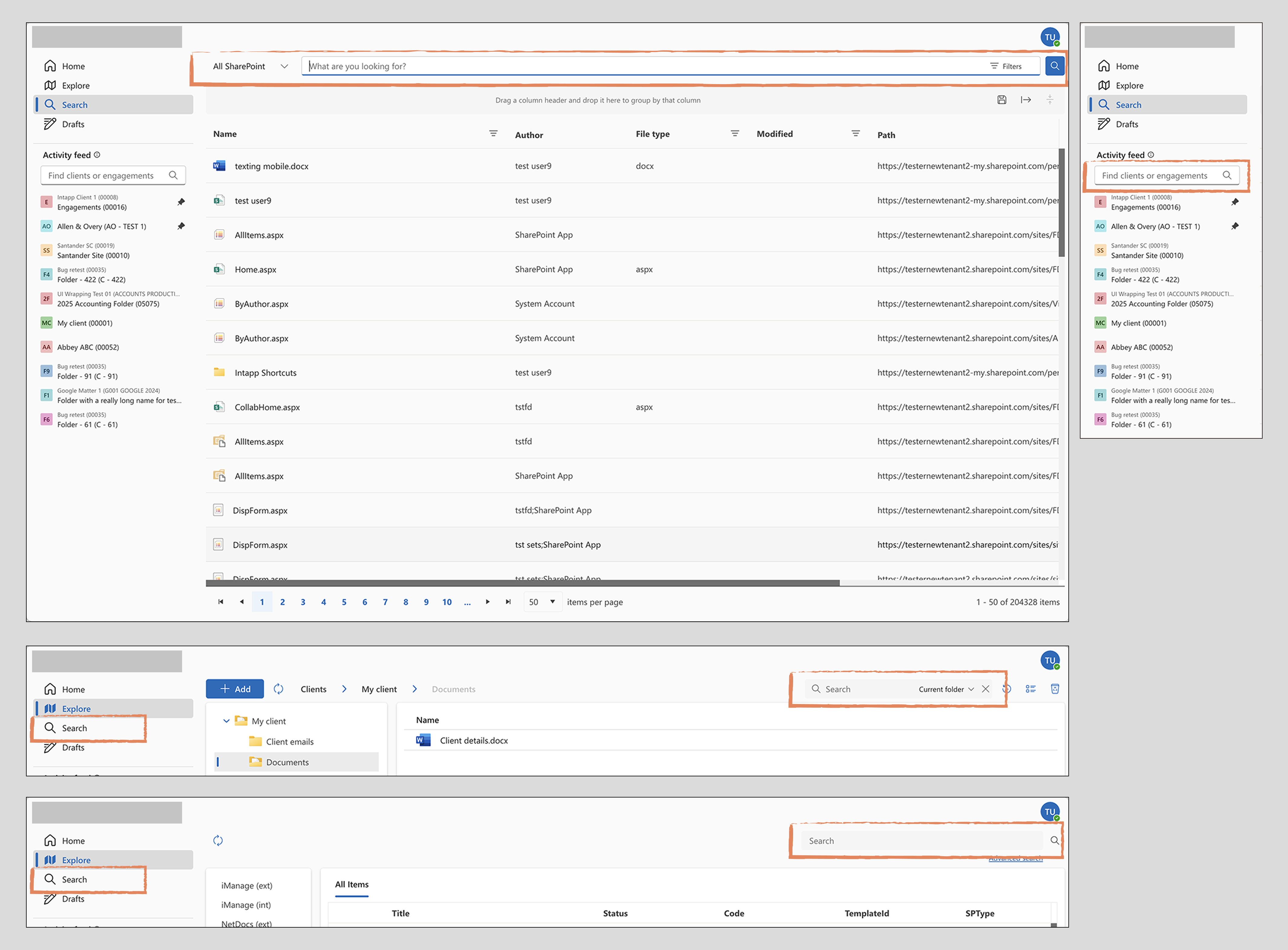 Original screens with multiple search instances highlighted