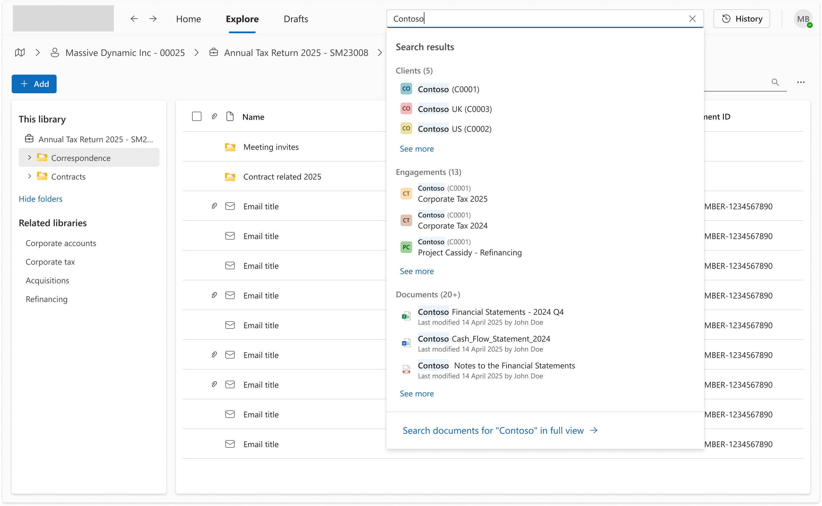 Search tray open state with categorised results