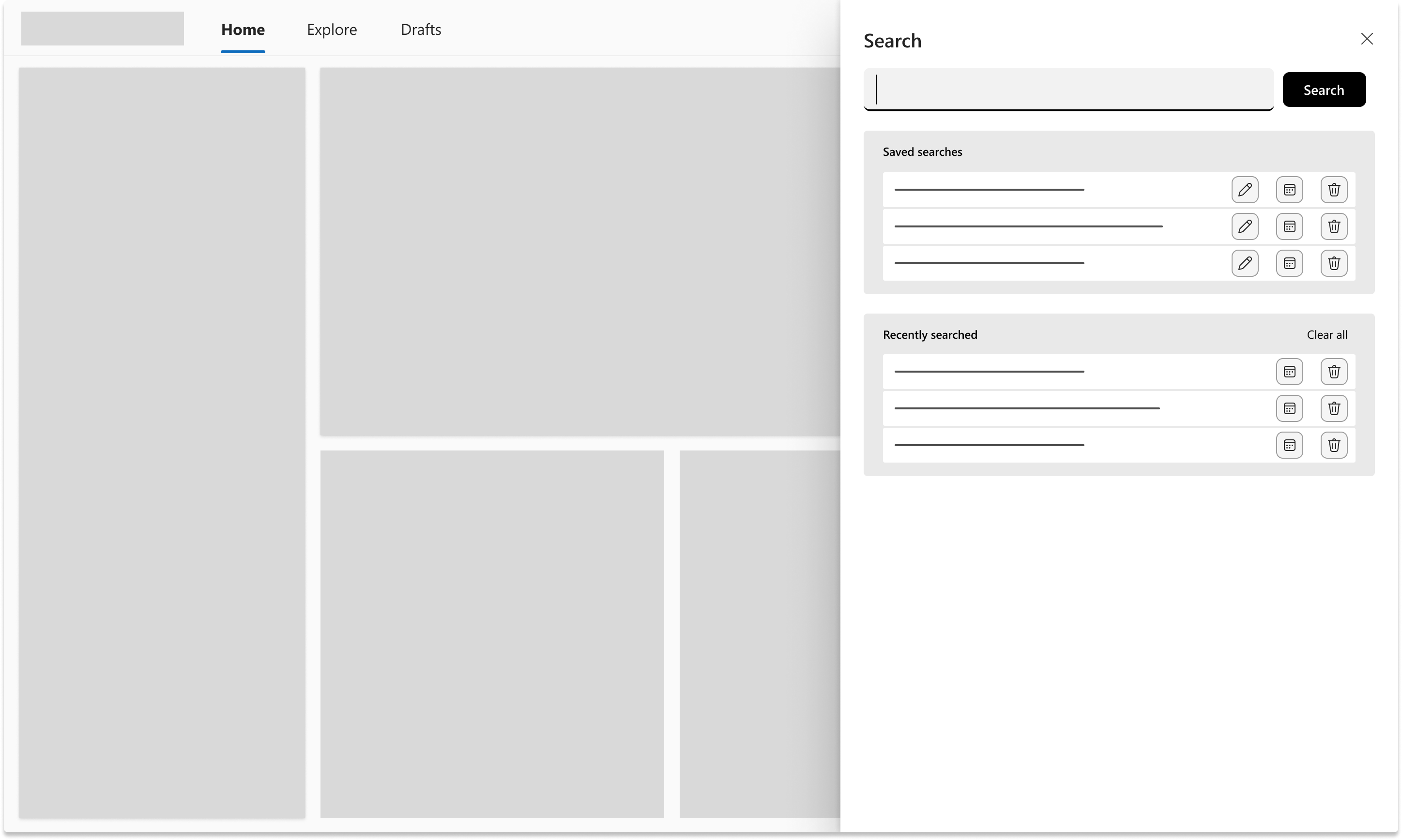 Early search side panel wireframe